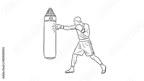 Boxer training punching bag in dynamic linear style