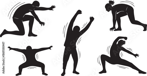 Silhouette of a person in various dynamic yoga poses