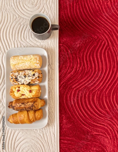 Coffee and Pastry Flat Lay with Red Copy Space Background