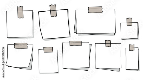 Collection of hand drawn sticky notes with tape on white background