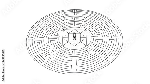 Intricate circular maze with central figure in minimalist linear design