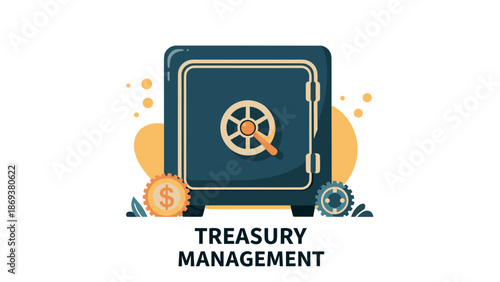 Secure safe vault with money symbols and treasury management text