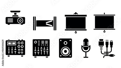 Essential audio and video equipment icons in black and white silhouette style