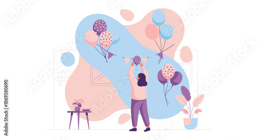 Woman Holding Balloons in Illustration Style.