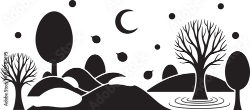 Black and white landscape with trees and moon