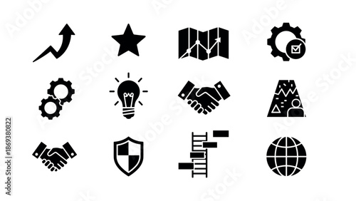 Business and technology icons set featuring growth, innovation, and global connectivity