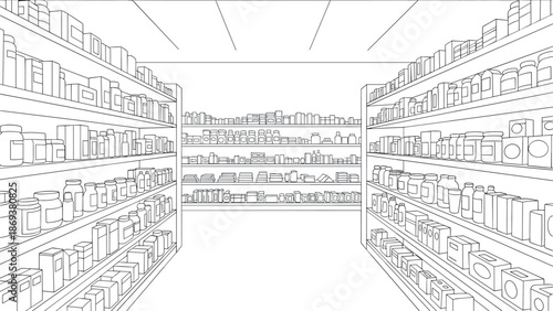 Linear pharmacy aisle with medicine shelves in perspective view