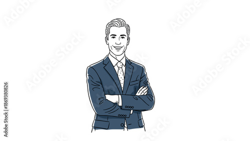 Confident businessman smiling with arms crossed, modern office background, minimal line art