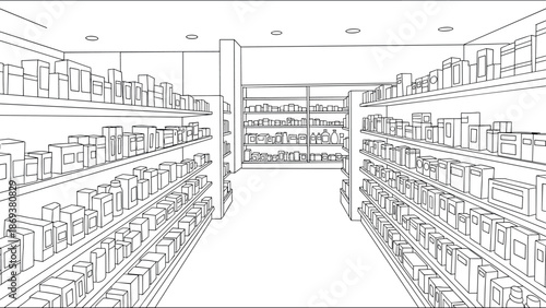 Linear style empty supermarket aisle with shelves full of product boxes