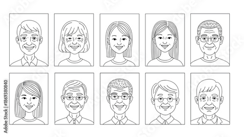 Linear style portraits of diverse people in minimalist rectangles