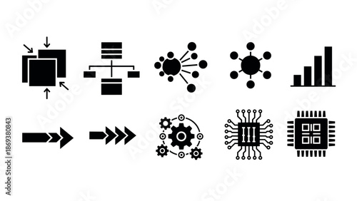 Black silhouette technology icons: networking, gear, circuit, and analytics