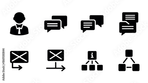 Business communication icons: silhouettes of chat, messaging, and workflow elements