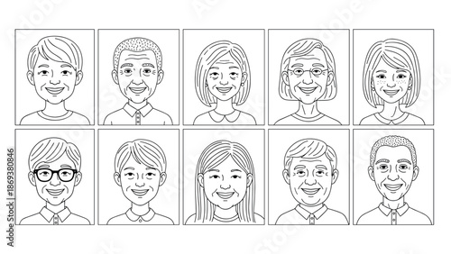 Line art portraits of diverse people in minimalist style