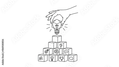 Hand holding light bulb above stacked cubes with business icons in linear style