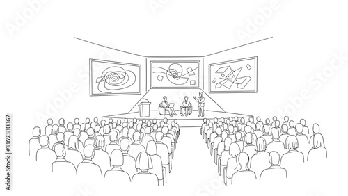 Linear illustration of business presentation in a large conference setting