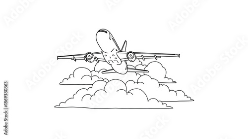 Airplane flying above clouds in linear art style for travel themes