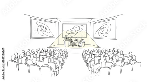 Conference presentation in linear style with audience and speakers on stage