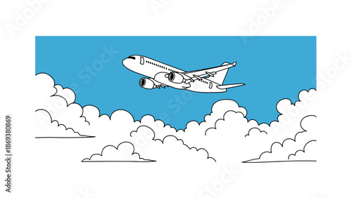 Airplane silhouette with blue sky and clouds in minimalist design