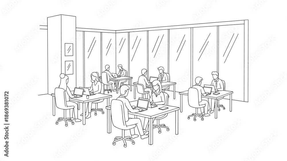 Obraz premium Modern office workspace with professionals working on laptops in open plan layout