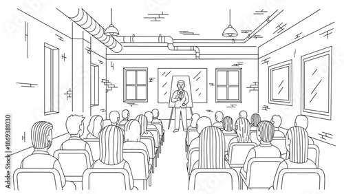 Business presentation in loft-style room with audience in linear design