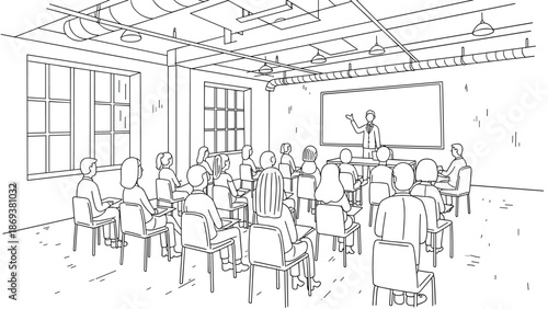 Engaging classroom session in linear style with diverse audience listening attentively