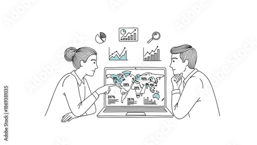 Colleagues analyzing global data on laptop with charts and graphs in modern office