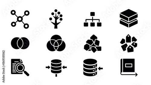 Silhouette icons set of technology, database, and networking elements