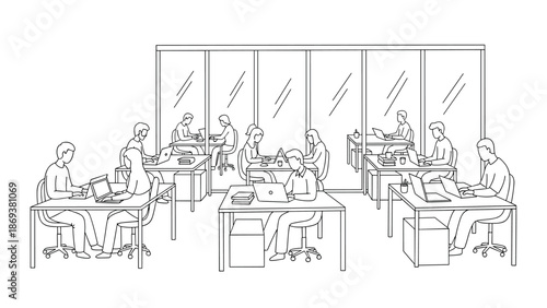 Minimalist office workspace with people working on laptops in line art style