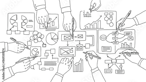 Collaborative team brainstorming with hand-drawn business diagrams and charts