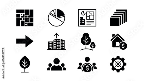 Business and environment icon set: pictograms for analysis, real estate, and growth