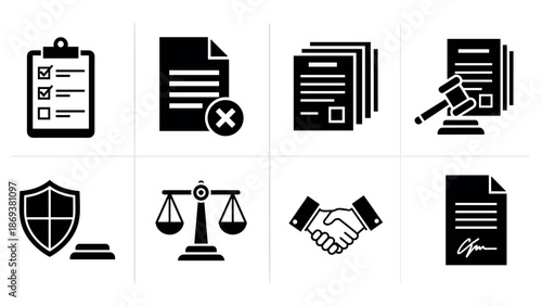 Legal and business icons set featuring paperwork, justice, and negotiation elements
