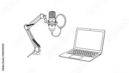 Minimalist line drawing of podcast microphone with laptop for audio recording