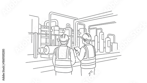 Engineers analyzing industrial machinery in linear style for engineering projects