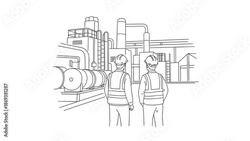 Engineers in hard hats overseeing industrial facility with modern equipment in linear design