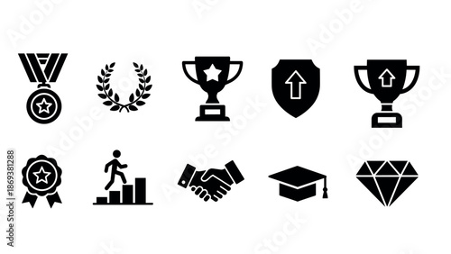 Achievement icons: awards, trophies, shields, and success symbols in black silhouette style