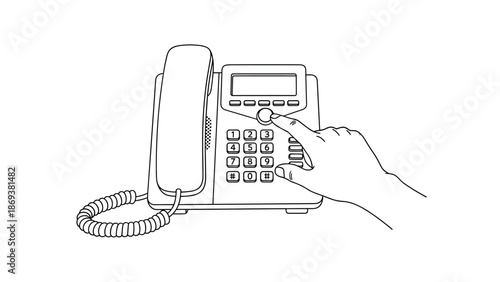 Hand dialing a number on a classic office telephone line art design