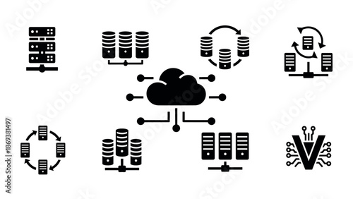 Cloud computing and data storage icons in black and white silhouette style