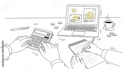 Office productivity scene with laptop, calculator, and notepad in linear style