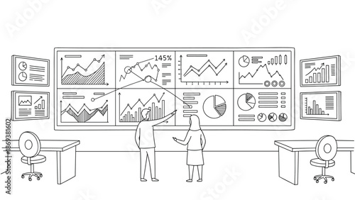 Business analysts discussing data insights in a linear office environment