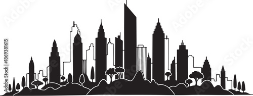 Black and white city skyline silhouette illustration