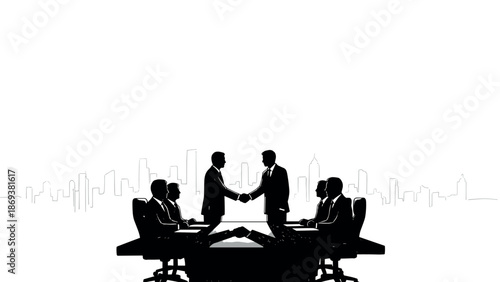 Silhouette business meeting scene with city skyline and handshake focus