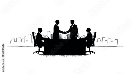 Business meeting silhouette: professionals shaking hands in office setting with cityscape background