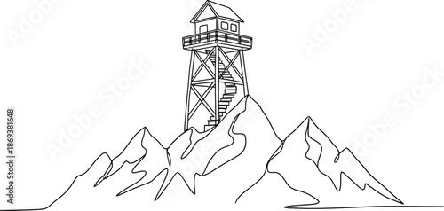 A line drawing of a fire lookout tower; cabin top, balcony, wooden cross-braced structure,Black and white illustration of a wooden fire lookout tower surrounded by pine trees