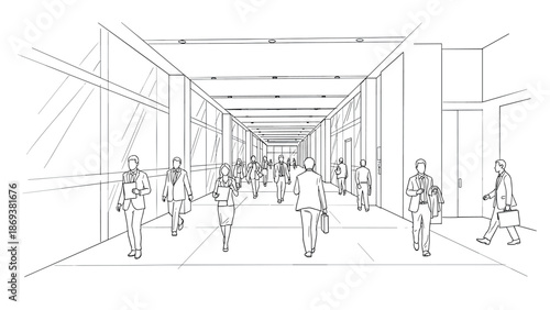 Linear interior design of modern office hallway with people walking