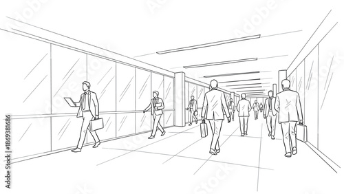 Modern office corridor with business people walking in linear style