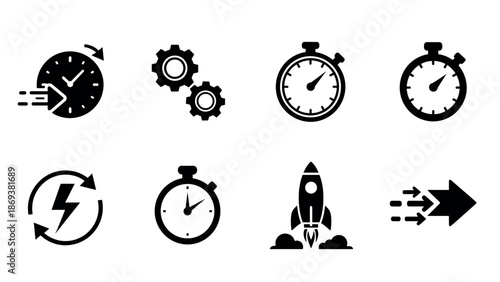 Silhouette icons of time speed and efficiency with stopwatch and rocket