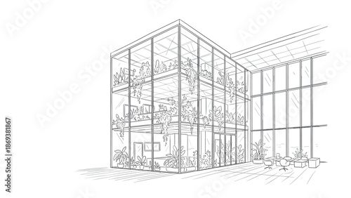 Modern glass office building with greenery in linear style