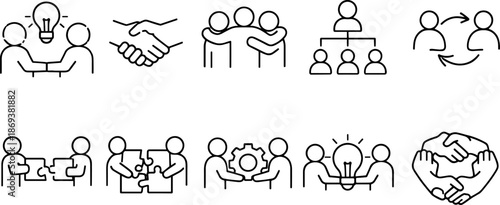 Teamwork and collaboration icons set. Business communication, leadership and people management outline symbols