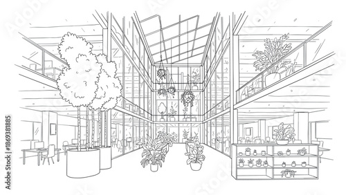 Modern office atrium with indoor plants in linear design