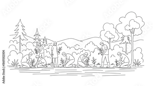 Line art scene of people planting trees in a forest landscape setting